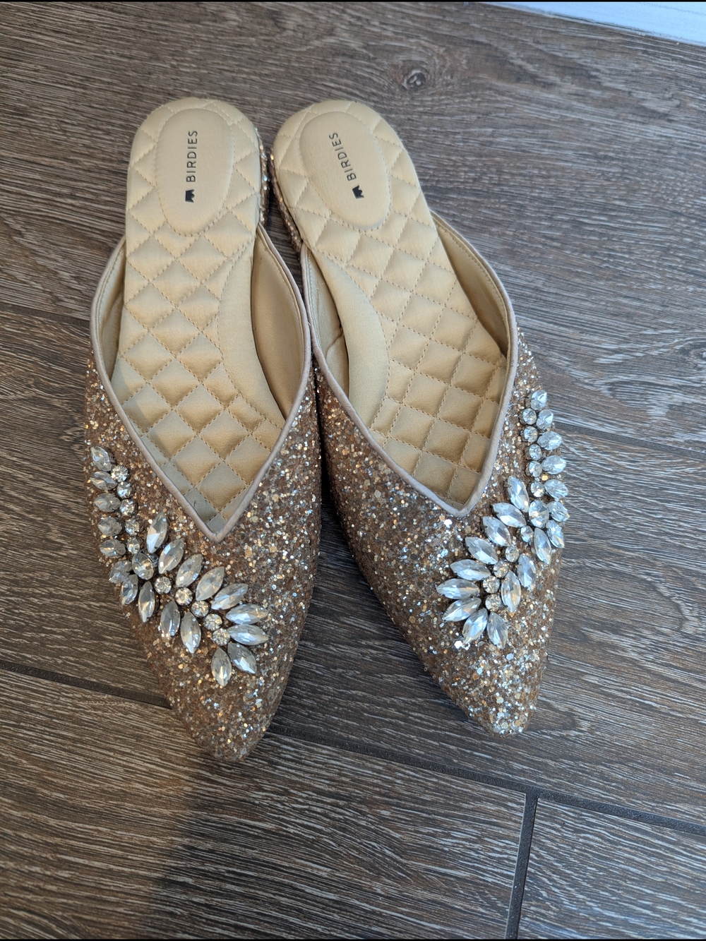 Birdies The Swan Jeweled Gold Sparkle Mule Slides NWOB Size 9.5 Glitter - Picture 12 of 12